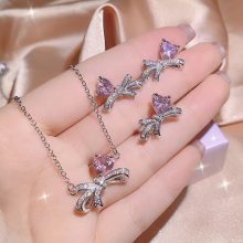 Pink Love Bow Zircon Three-Piece Set Pendant Gift Necklace Women's Necklace Jewelry