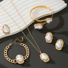 American Trend Special-shaped Pearl suit Retro Simple Temperament Necklace Earrings Ring Bracelet suit Jewelry
