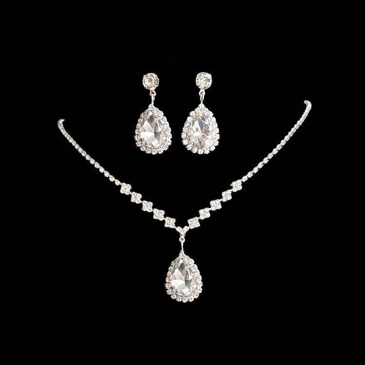 fashion earrings necklace two-piece set full diamond exquisite chain bride jewelry for women's - Image 2