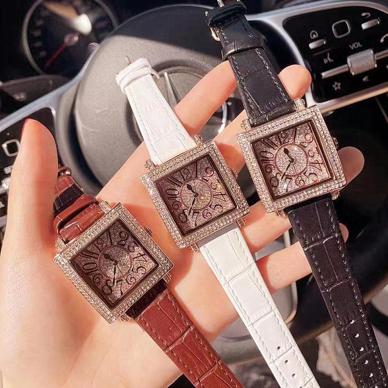 New Fashion Square Women's Watch Leather Full Diamond Digital Scale Versatile - Image 2