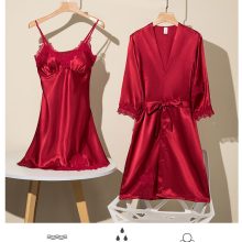 Women's Summer Ice Silk Nightgown Sexy Two-Piece Sling Spring and Autumn Silk