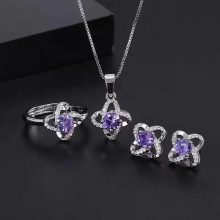 purple diamond earring ring pendant necklace jewelry three-piece set